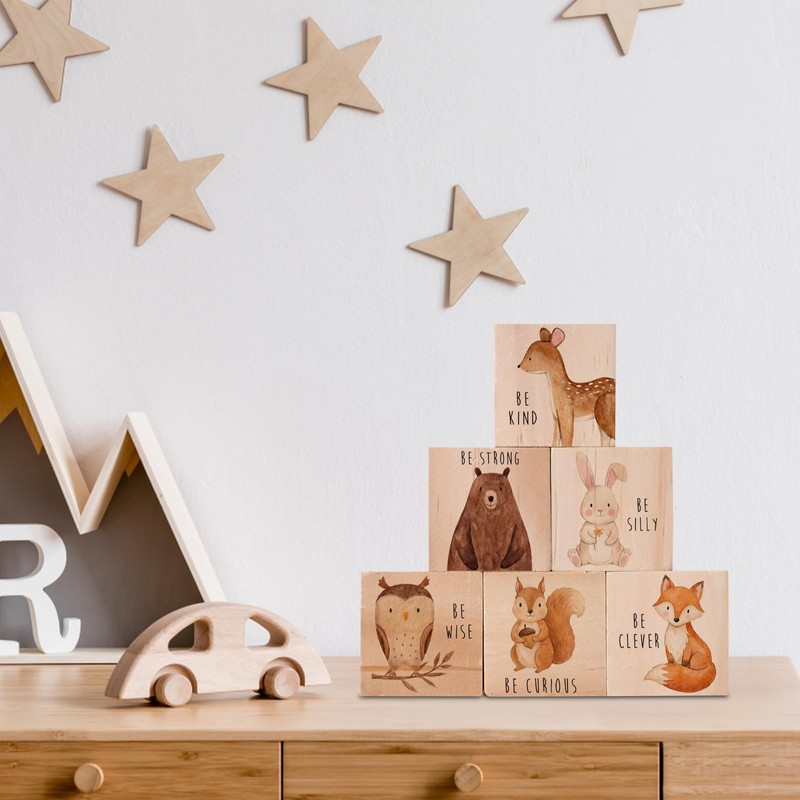 6 Pcs Large Woodland Animals Nursery Decor Wooden Blocks, 2.36