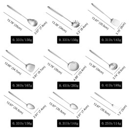 NIITAWH Stainless Steel Kitchen Utensils, 9 PCS All Metal Cooking Utensils Set with Solid Spoon, Slotted Spoon, Fork, Spatula, Ladle, Skimmer, Slotted Tunner, Spaghetti Spoon, Large Spoon 14"