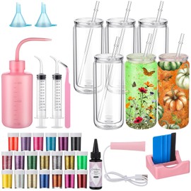 Meanplan 6 Pack DIY Plastic Snow Globe Tumbler Supplies Kit 16oz Pre Drilled Double Wall Clear Cup 20 Colors Glitter Squeeze Bottle Funnel Tweezer Bent Syringe UV Resin Flashlight Cup Holder Scraper