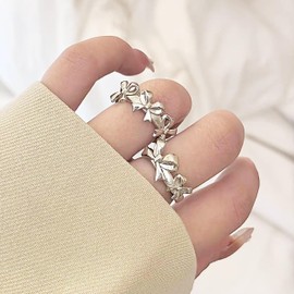Harry and Henry 3Pcs Bow Rings for Women Silver Ribbon Bow Rings Stackable Rings Set Adjustable Bow Tied Rings