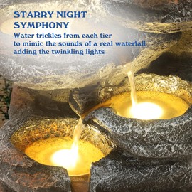 Dephet Outdoor Cascading Rock Water Fountain, 6-Tiers Fountains and Waterfalls with LED Lights, Indoor Freestanding Resin Waterfall Feature w/Pump for Patio, Garden, Backyard, Deck, Porch, Home Decor