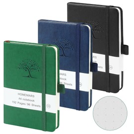 HOMEMARS Notebook A6, 3-Piece Notebook Set, Bullet Dotted Journal, 14.4 cm x 9.6 cm Notepad, Black, Green, Blue, Dotted, 192 Pages, Notepad, Leather Notepad, Embossed Tree Design