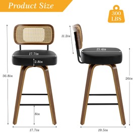 Bekrvio Swivel Counter Height Bar Stools, Upholstered Faux Leather Barstools with Rattan Back, 26" Seat Height Bar Chairs for Kitchen Island, Bentwood Wood Frame, Black