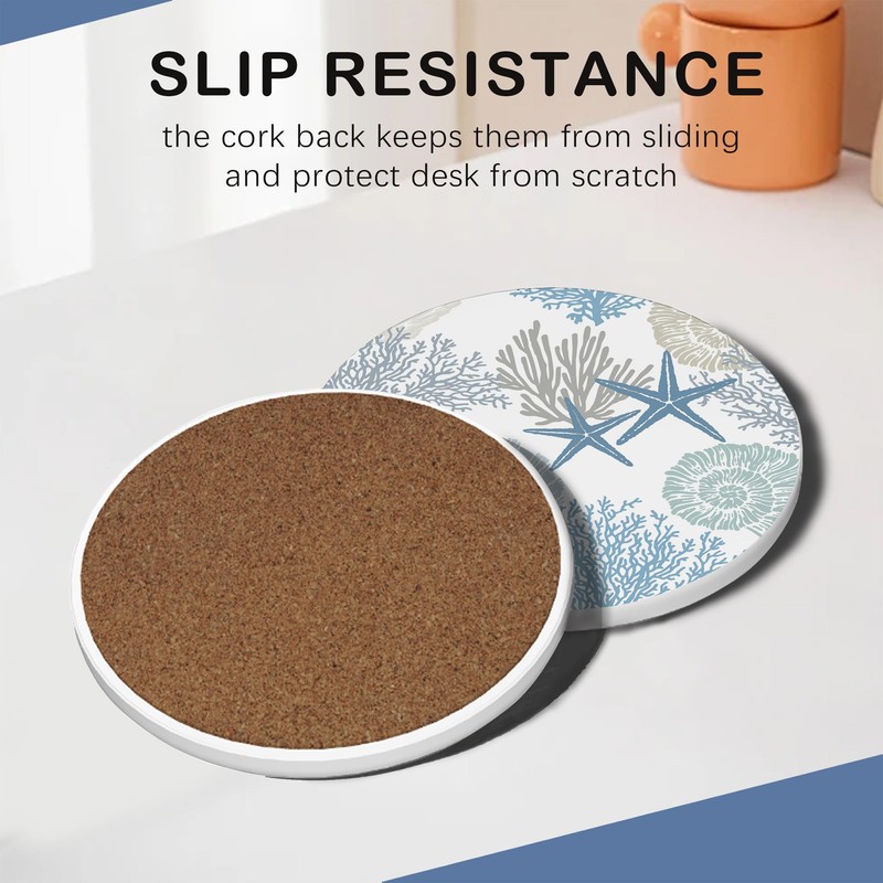 Summer Seashell Starfish Coasters Set of 6,Absorbent Ceramic Coasters with