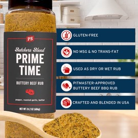 PS Seasoning Prime Time Butchers Blend - Buttery Garlic and Herb BBQ Seasoning & Beef Rub for Smoking, Grilling or Baking - Dry BBQ Rubs and Spices for Grilling Steaks, Pork, Chicken, Beef, 24.2oz