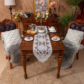 SUTAVIA Floral Lace Table Runner White Embroidery Dresser Scarf Gauze Fabric Rustic Table Runners Elegant Chic Table Decor Piano Cover for Home Holiday Wedding Party Daily (White Rose, 13"x60")