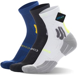 BRISIRA Coolmax Bamboo Viscose Compression Running Socks 3 Pairs Quarter Athletic Cushioned Breathable Anti Blister & Sweat & Odour, 3 pairs of black, white, blue