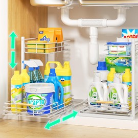Delamu 2 Pack Under Sink Organizer, Height Adjustable Under Sink Organizers and Storage, Slide Out Under Sink Storage Shelf for Kitchen Bathroom Pantry Cabinet