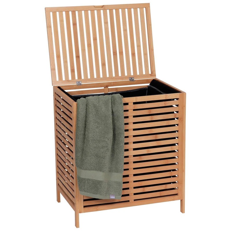 Bamboo Laundry Hamper with Lid, Removable Bag, Slatted Ventilation Design,