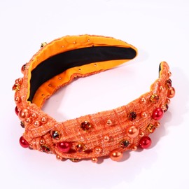 NVENF Fall Headbands for Women Pearl Crystal Thanksgiving Headband Orange Rhinestone Embellished Jeweled Headbands Thanksgiving Fall Hair Accessories Gifts (Orange)