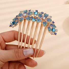 Jumwrit Crystal Bride Wedding Hair Comb Leaf Colorful Rhinestone Flower Hair Side Comb Gold Hair Clip Comb Big Floral Vintage Bridesmaid Headpiece Bridal Hair Jewelry for Women Girls(Blue)
