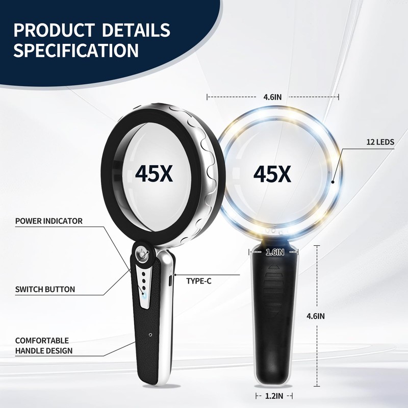 45X Magnifying Glass with Light, Rechargeable LED Magnifier for Reading