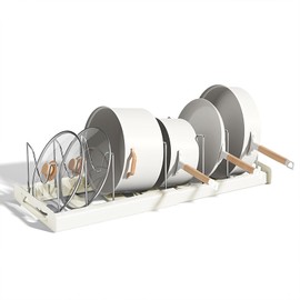 Bazasa Expandable Pot and Pan Organizer Rack with 7 Stainless steel Dividers for Kitchen Cabinet Pot Lid Holder Pot and Pan Rack for Bakeware, Cutting Boards, Cookware 12"-22" L x8 W x 5.7" H