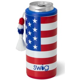 Swig Life Skinny Can Cooler, 12oz Insulated Slim Can Holder, Stainless Steel Can Cooler, Can Covers for Tall Beer Bottles, Beach Accessories for Women (All American)