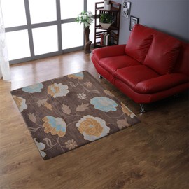 Hand Tufted Wool ECO-Friendly Area Rugs - 6'x6', Square Shape, Brown, Floral Modern Design, High Pile Thick Handmade Anti Skid Area Rugs for Living Room, Bed Room (K00518)