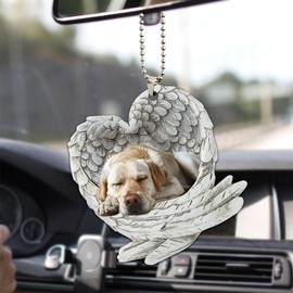 Talataca Yellow Labrador Retriever Sleeping Angel Wing Memorial Dogs 2D Flat Car Rear View Mirror Accessories Christmas Tree Ornament Decoration Hanging Charm Interior Rearview Pendant Decor Gift