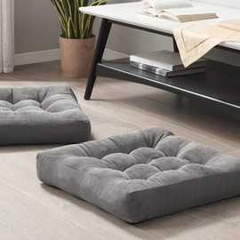 Meditation Floor Pillow Set of 2, Square Large Pillows Seating for Adults, Tufted Corduroy Cushion for Tatami Living Room, Grey, 22x22 Inch