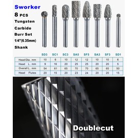 Sworker Carbide Burr Set 1/4" Shank 8PCS Die Grinder Bits Rotary Rasp File for Metal Wood Weld Concrete Stone Grinding Porting Deburring Engraving Polishing Double Cut
