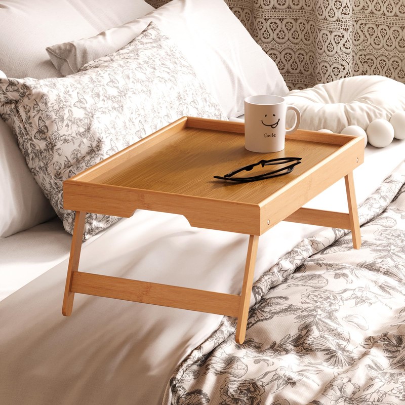 Fibogollo 2 Pack Bamboo Bed Tray Table with Folding Legs,Breakfast