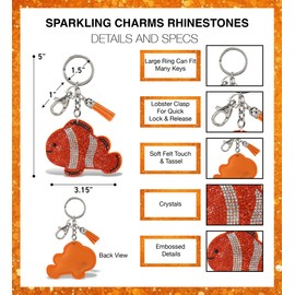 Aqua79 Clown Fish Keychain - Sparkling Rhinestones Charm with Tassel, Fashionable Stylish Polyester PU Ocean Life Key Ring Bling Jewelry Accessory with Clasp For Key Chain, Bag, Purse& Backpack