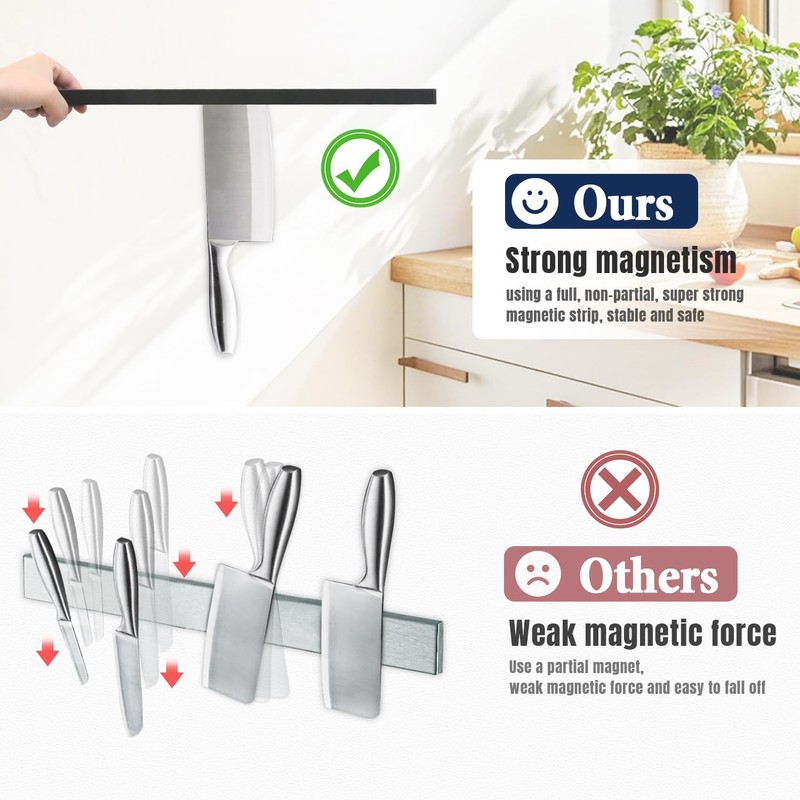 Dmore magnetic knife holder for wall—with 15 hooks, No Drilling