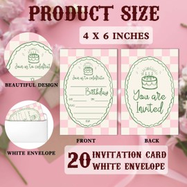 SIXEIGHT Retro Modern Girls Birthday Party Invitations, 20 Fill-in Style Invitation Cards with Envelopes & Decoration - Pink Plaid, 4x6 inches