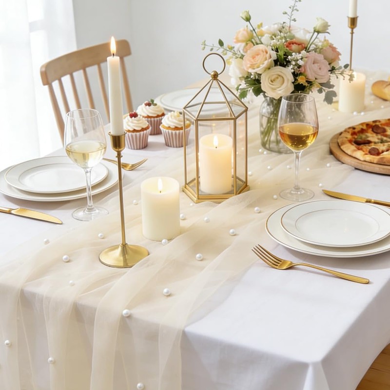 2 Pack Pearl Beige Tulle Table Runner with White Tablecloth