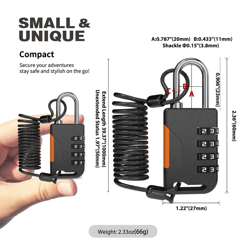 UP Security Ski Lock, 4 Digit Combination Padlock with Retractable