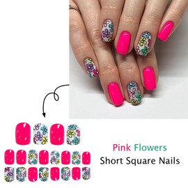 24PCS Spring Press on Nails Colorful Flower Fake Nails Pink Acrylic Nails Medium Square False Nails Cute Press on Nails Stick on Nails Glossy Acrylic Nails for Women Girls Spring Summer Nail Art