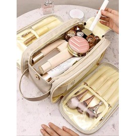 Portable Makeup Bag, Back To School, Travel Accessories, Zipper Makeup Organizer Pouch, Versatile Storage Bag for Skincare, Lotion, Cream, Lip Balm, Eyeliners, Makeup Brushes, Stationery, Travel Bag:_Khaki Gray_1pc