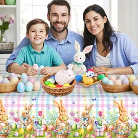 2 Pcs Easter Bunny Tablecloth - Easter Plastic Buffalo Plaid Tablecloth, Spring Flower Cute Rabbit Colorful Eggs Rectangle Table Cover for Table Decorations Party Decor Supplies Favors, 108 x 54 Inch