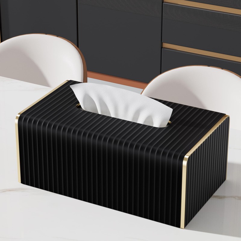 Tissue Box Cover,Black Rectangle PU Leather Tissue Holder with Gold-Tone