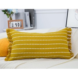 DRNOU Decorative Farmhouse Fringed Long Lumbar Throw Pillow Cover 12 x 26,Clasic Striped Textured Cotton Boho Decor Long Lumbar Pillow Cover Pillow Case for Sofa Couch Bed,Yellow and White