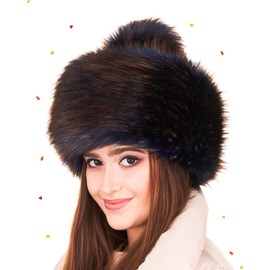 Futrzane Classic Pom Hat - Ladies Faux Fur Trim Hats - Warm Winter Cap for Women (S, Navy Blue with Brown Classic)