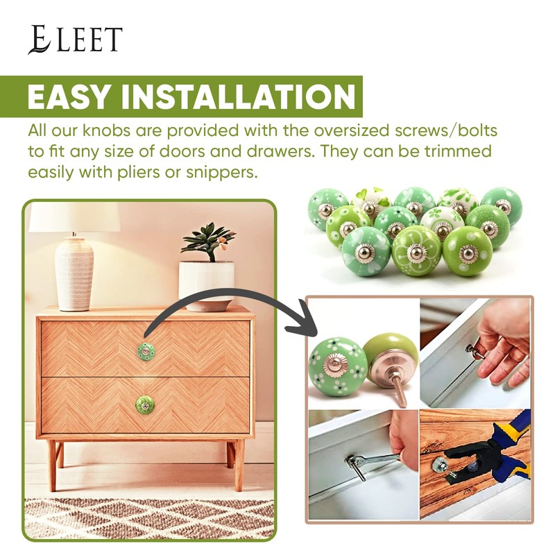 Eleet Handpainted Designer Ceramic Knobs - Pack of 12 Green