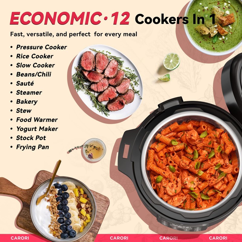 CARORI 1200W 12-in-1 Electric Pressure Cooker 8Qt, Stainless Steel Pressure