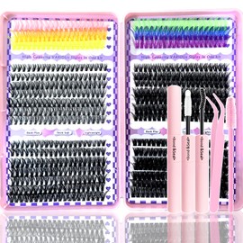 680 Pcs Lash Clusters Kit, 28 Rows Mixed Black and 6 Rows Colorful Eyelash Clusters, 9-18mm Wispy Fluffy Manga Lashes for DIY Eyelash Extensions, with Lash Glue Brush Tweezer
