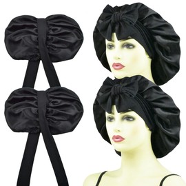 Silk Bonnet for Sleeping Women Curly Hair Long Hair Braids, 2 PCS Double Layer Satin Bonnet with Tie, Silk Lined Sleep Caps Black