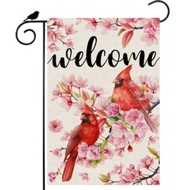 ZAEW Welcome Watercolor Cardinals Birds Cherry Blossom Flowers Spring Garden Flag Summer Seasonal Yard Flag 12x18 Inch Double Sided Small Mini Yard Outdoor Outside Holiday Decoration