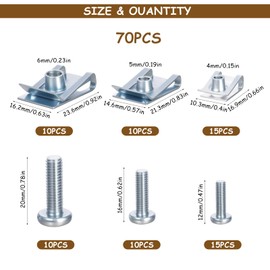 70 Pcs Universal Metal U Clips Nuts and Bolts, M4 M5 M6 U-Style Clip-On Nut U Spire Clips and Car Undertray Screws, Car Body Screw Metal Fasteners Clip Bolts and Nuts Set for Cars Motorcycles
