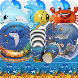 Sea Animals Birthday Decoration, Doyomtoy 76 Pieces Ocean Party Tableware Set Baby Shower Plates Cups Napkins Balloons Ocean Birthday for Children Birthday Ocean Baby Shower Decoration