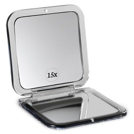 MIRRORVANA - Espejo de aumento pequeño compacto de 15 veces para viajes, de mano, plegable y ligero, mini espejo ampliado de tamaño de bolsillo para bolso, cuadrado de 3.3 x 3.3 pulgadas, negro