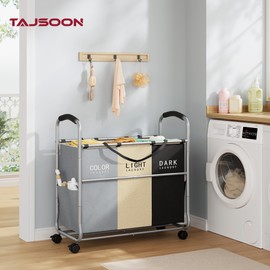 Tajsoon 3 section Laundry Hamper Sorter, Laundry Sorter Cart with Heavy Duty Lockable Wheels and Removable Bags, Laundry Separated Rolling Cart Basket for Clothes Storage, Gray+Beige+Black