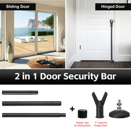 2-in-1 Door Stopper & Security Bar, Adjustable Door Jammer with Interchangeable Caps & Rubber Tips, Suitable for Bedrooms & Apartment, Black 2 Pack