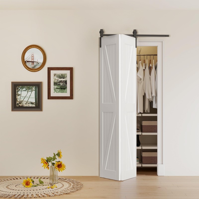 ROOMTEC Bi-Folding Sliding Barn Door Hardware Track Kit, Black Roller