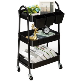 danpinera 3-Tier Rolling Cart, Utility Cart Mobile Metal Rolling Storage Cart with Lockable Wheels & Hanging Cups & Hooks for Kitchen, Bathroom, Office, Workshop, Black