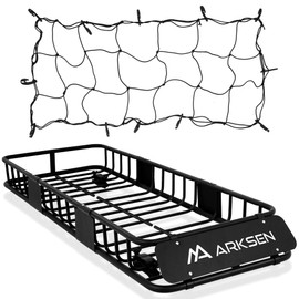ARKSEN Roof Rack Skinny Cargo Carrier with Basket & Net, Heavy Duty Weather Resistant Top Mount Cargo Rack, Luggage & Camping Gear Storage for Car, Truck or SUV Transport