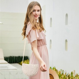 Jeesblsy Women's Handbag Round Summer Beach Bag Shoulder Bag Bohemian Retro Woven Shoulder Bag Purse Crossbody Bag for Travel Leisure Holiday (Beige), beige