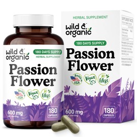 Wild & Organic Wild & Organic Passion Flower Capsules 600 mg - Calming & Mood Support - Passionflower Extract Supplement - Passiflora Incarnata Herb - Vegan, No Fillers, Non-GMO - 180 Count