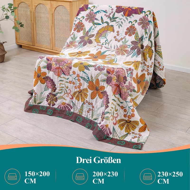 HOORDRY Cotton Blanket, Bedspread, 100% 4-Layer Prewashed Cuddly Blanket, Breathable